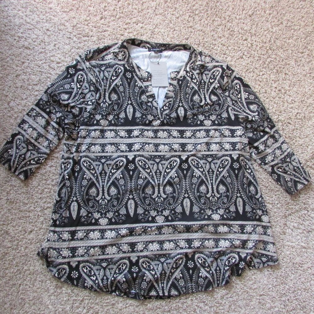 NWT A.Jesdani 4X Black Tan Paisley VNeck Tunic Top Longer Tail Soft Fabric